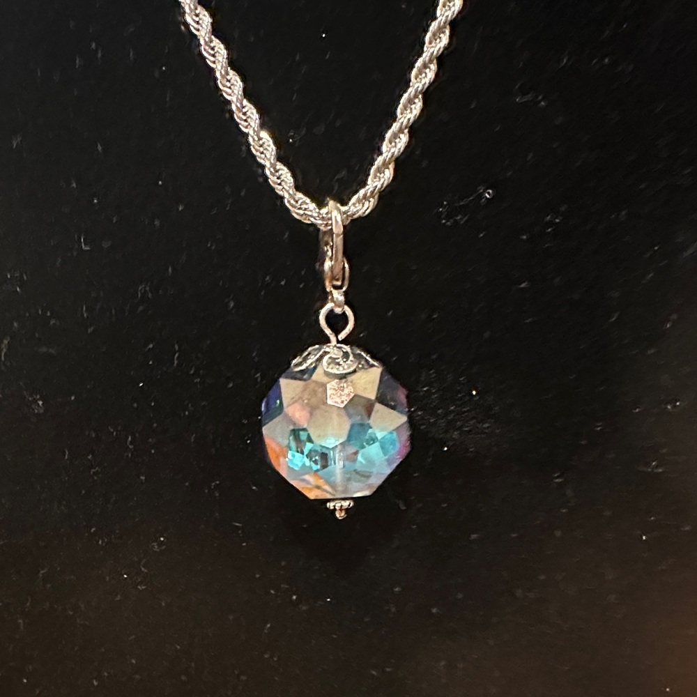 Elegant Silver Necklace with Iridescent Sphere Pendant. Handmade Silver Filigree